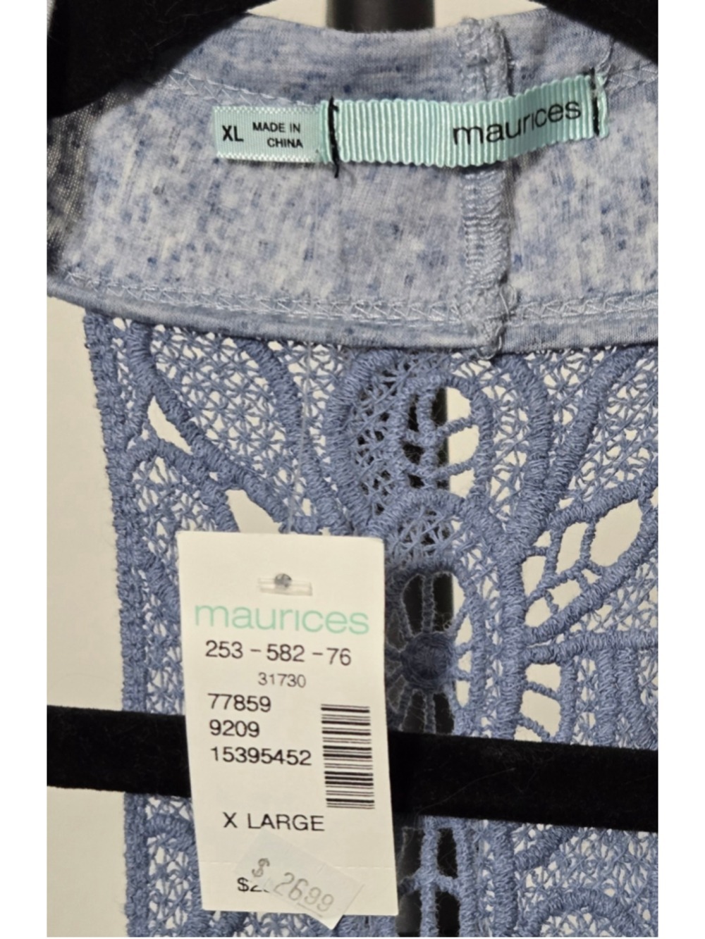 Maurices XL Draped Open Front Vest Blue Gray Crochet Lace Back NWT Boho - Picture 3 of 3